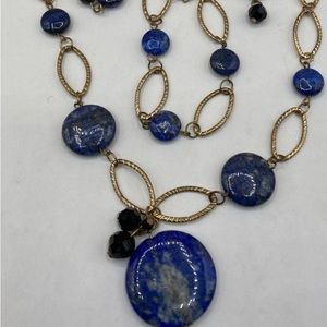 Unique and Classy Gold-Tone Chain Link & Lapis Lazuli Bead Jewelry Set 57.20g